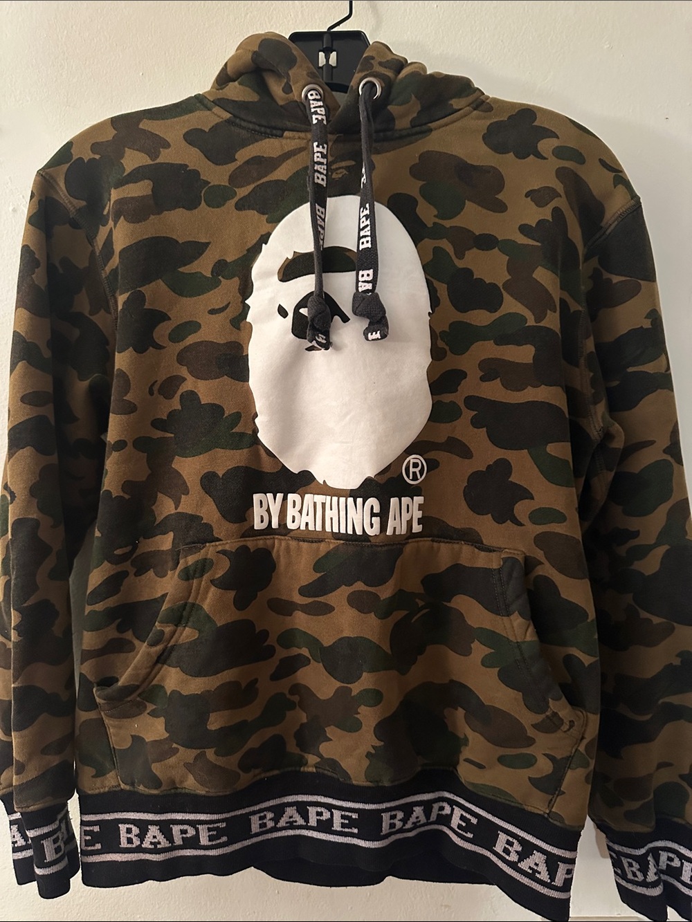 Bape Men's Green Brown Camo Crewneck Hoodie with White Ape Head